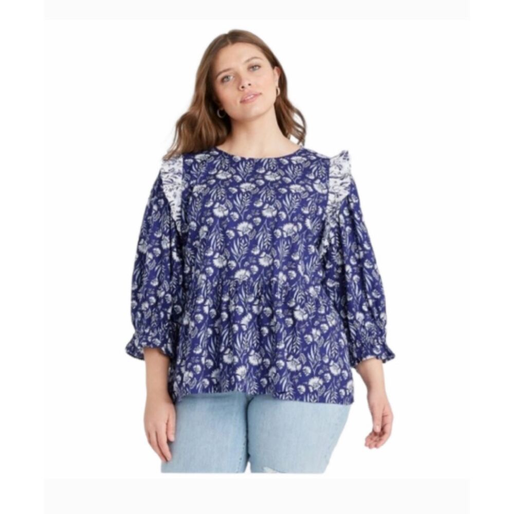 Universal Thread Blue Floral Puff Sleeve Ruffle Babydoll Blouse Cottage Top XXL